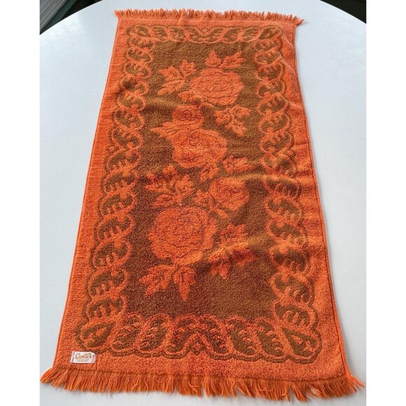 Vintage 70s small bath towel, orange & brown, plush, reversible, fringed - Picture 3 of 9